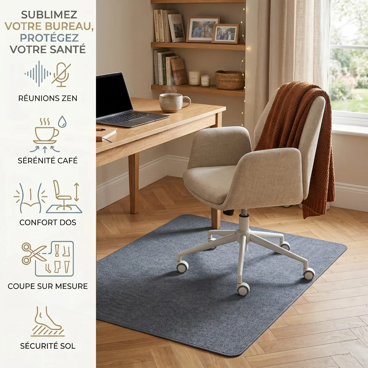 Infographie du tapis chaise de bureau ZenSpace Shield présentant les avantages de confort lombaire, réduction du bruit et traitement anti-taches.