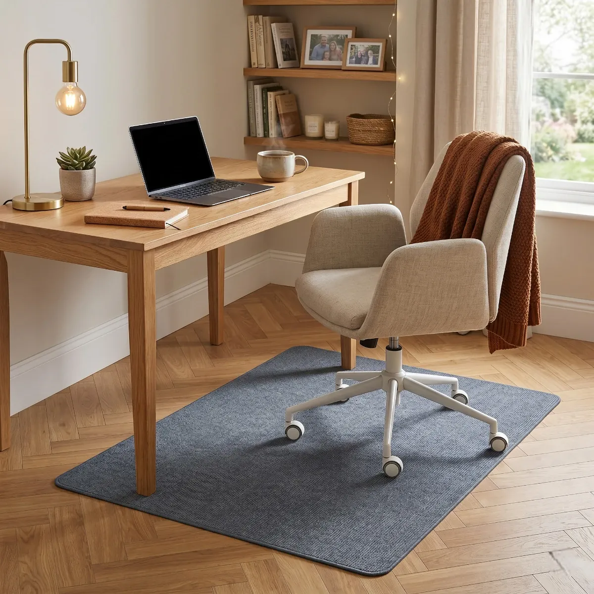 Tapis de sol bureau installé sous un siège ergonomique beige et un bureau en bois clair dans un décor scandinave chaleureux.