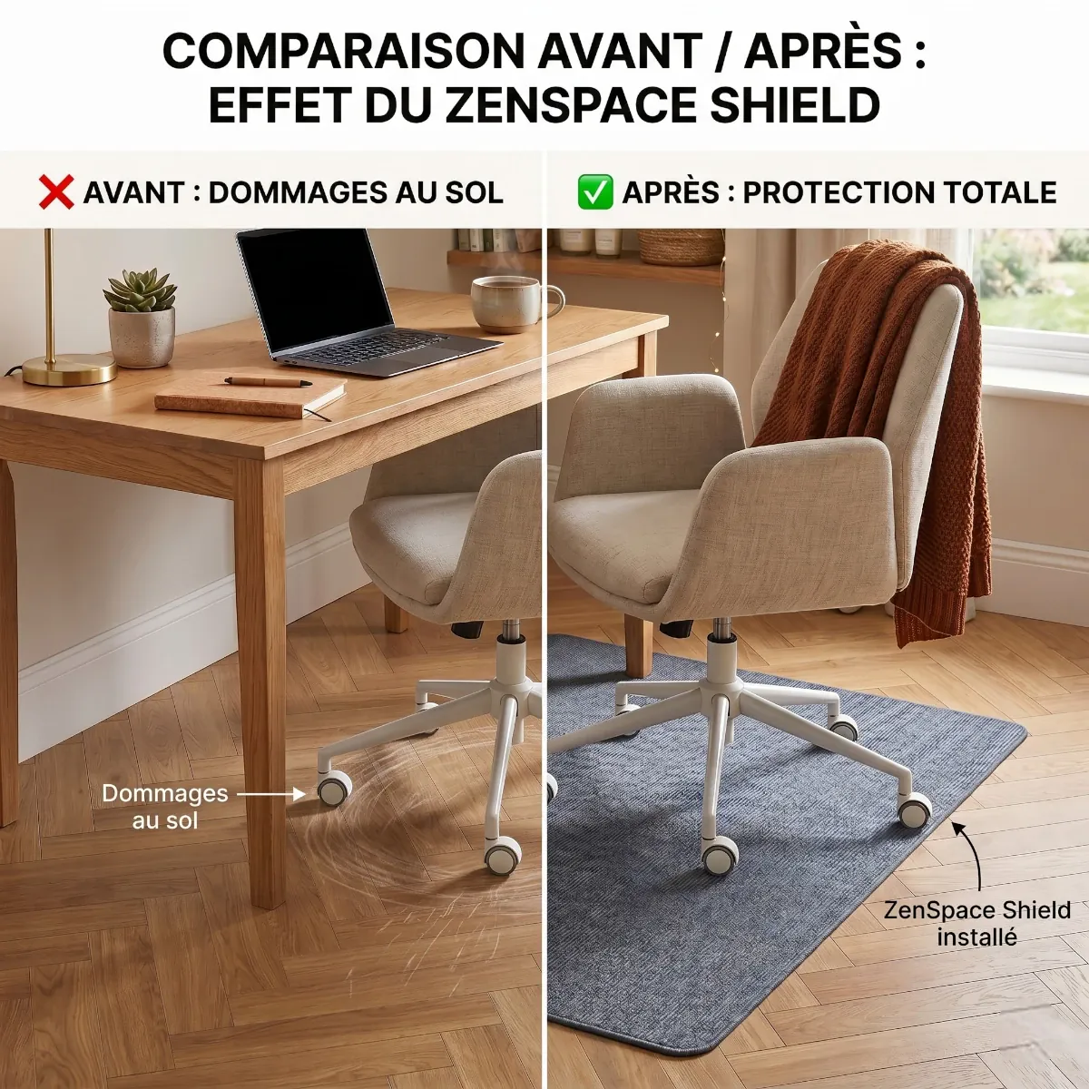 Comparatif avant après montrant un parquet rayé par les roulettes de chaise versus la protection totale du tapis ZenSpace Shield.