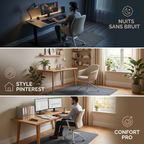 Triptyque illustrant les trois usages du tapis de sol pour bureau : gaming nocturne silencieux, setup esthétique Pinterest et confort en télétravail.