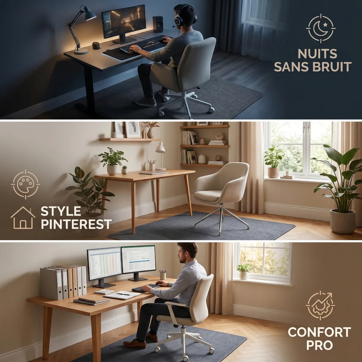 Triptyque illustrant les trois usages du tapis de sol pour bureau : gaming nocturne silencieux, setup esthétique Pinterest et confort en télétravail.