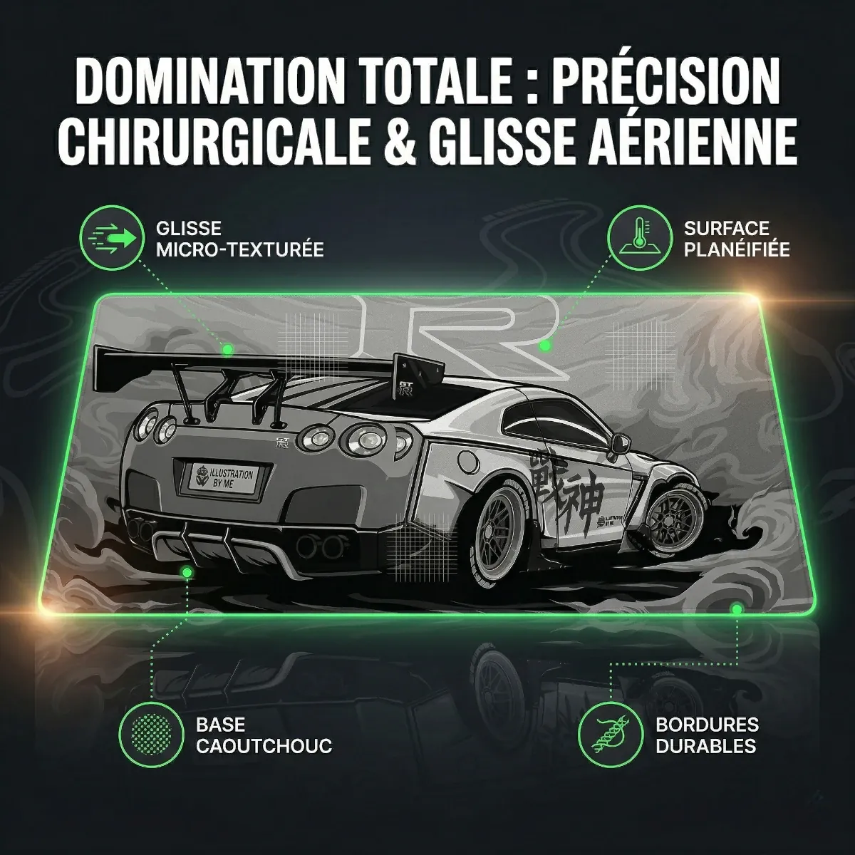 Infographie technique en français du Tapis de souris Apex Skyline GT-R, détaillant les caractéristiques : Glisse Micro-Texturée, Surface Planéifiée, Base Caoutchouc, Bordures Durables. Tissu micro-texturé XXL.