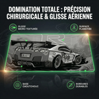 Infographie technique en français du Tapis de souris Apex Skyline GT-R, détaillant les caractéristiques : Glisse Micro-Texturée, Surface Planéifiée, Base Caoutchouc, Bordures Durables. Tissu micro-texturé XXL.