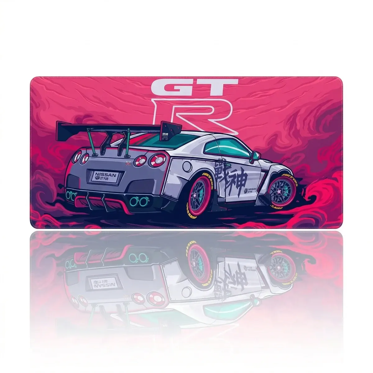 Photo studio à plat du Tapis de souris Apex Skyline GT-R rose fuchsia, isolé sur fond blanc, montrant l'illustration GTR-R35 et le logo GT-R. Tissu micro-texturé XXL pour précision et glisse.