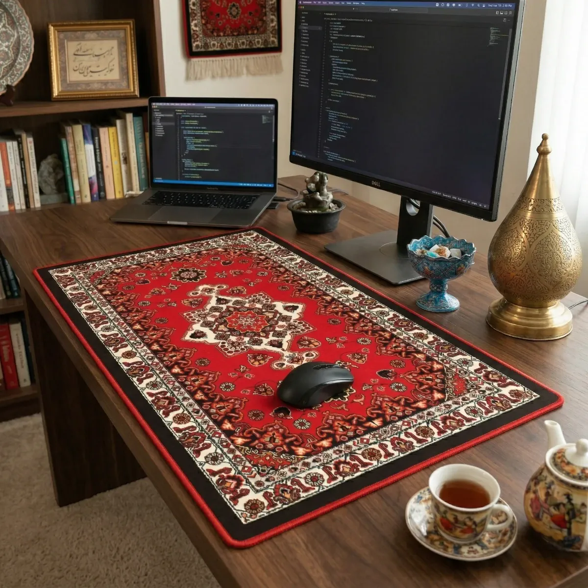 Vue de bureau de style vie montrant le tapis de souris Atlas Heritage XXL en tissu micro-tissé sur un bureau en bois, entouré de matériel de bureau et de décoration persane.
