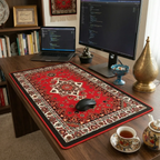 Vue de bureau de style vie montrant le tapis de souris Atlas Heritage XXL en tissu micro-tissé sur un bureau en bois, entouré de matériel de bureau et de décoration persane.