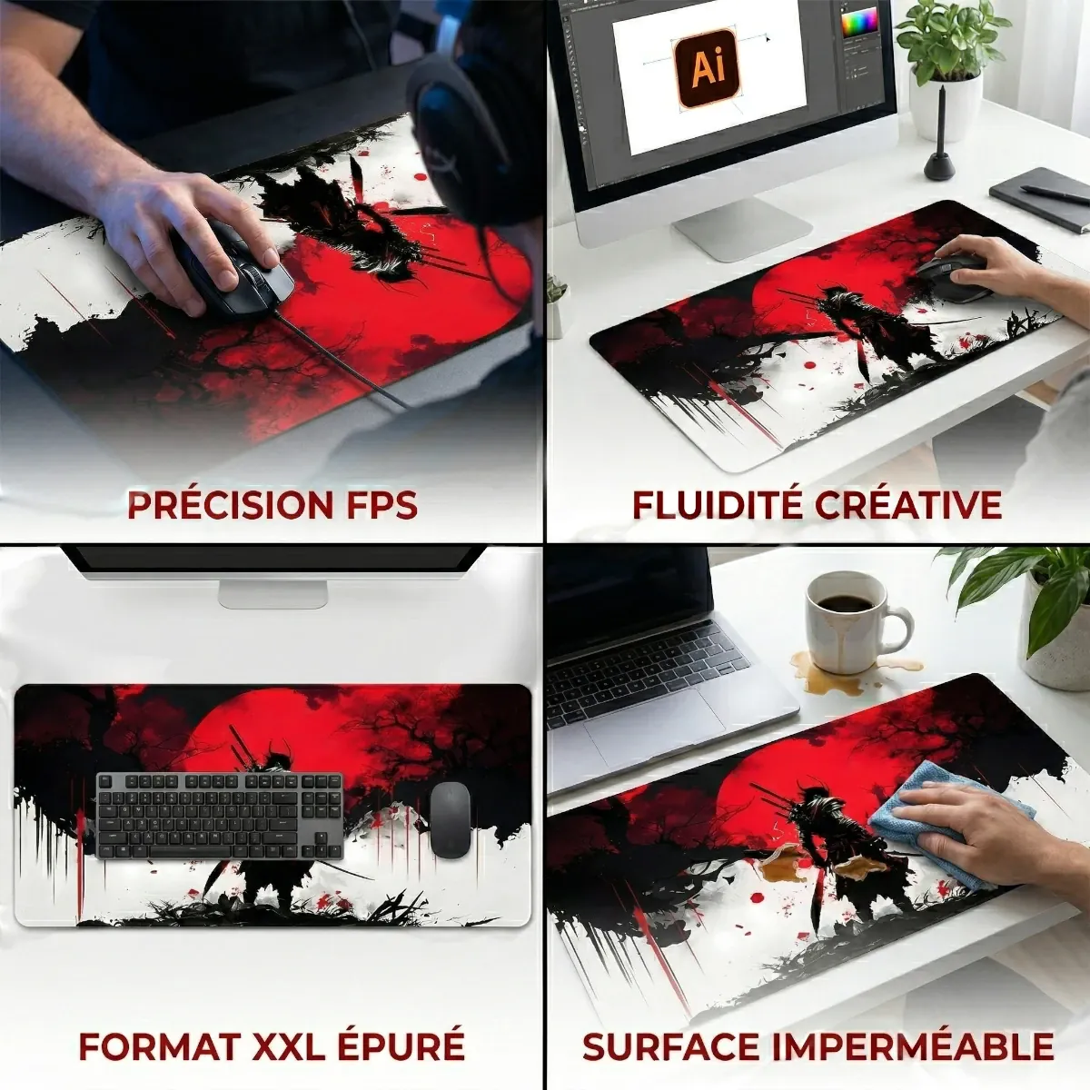 Infographie à quatre panneaux détaillant les bénéfices du tapis de souris Bushido Horizon XXL : précision FPS, fluidité créative, format XXL épuré et surface imperméable facile à nettoyer. Tissage Haute Densité, Précision & Glisse.
