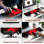 Infographie à quatre panneaux détaillant les bénéfices du tapis de souris Bushido Horizon XXL : précision FPS, fluidité créative, format XXL épuré et surface imperméable facile à nettoyer. Tissage Haute Densité, Précision & Glisse.