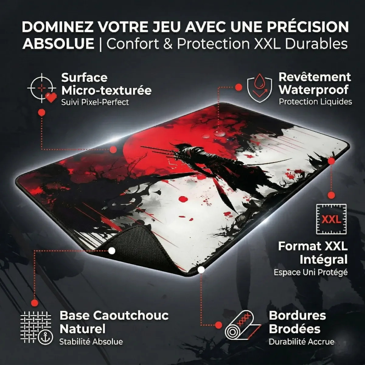 Infographie technique du tapis de souris Bushido Horizon XXL détaillée : surface micro-texturée, revêtement waterproof, base caoutchouc naturel, bordures brodées et format XXL intégral. Tissage Haute Densité, Précision & Glisse.