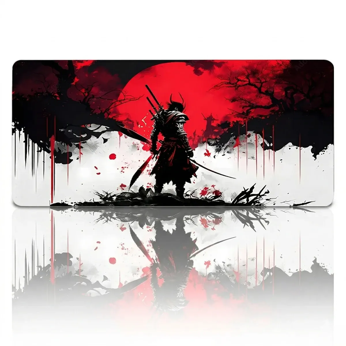 Vue de studio plate et de face du tapis de souris Bushido Horizon XXL complet avec le design samouraï, et son reflet miroir sur une surface blanche. Tissage Haute Densité, Précision & Glisse.