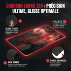 Infographie technique du tapis de souris Crimson Lunar Zen détaillant la glisse fluide, la taille XXL, la base stable et les bordures brodées anti-effilochement.