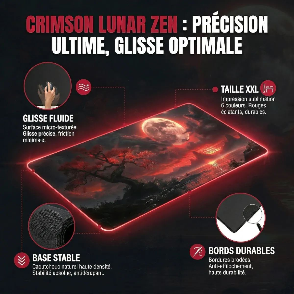 Infographie technique du tapis de souris Crimson Lunar Zen détaillant la glisse fluide, la taille XXL, la base stable et les bordures brodées anti-effilochement.