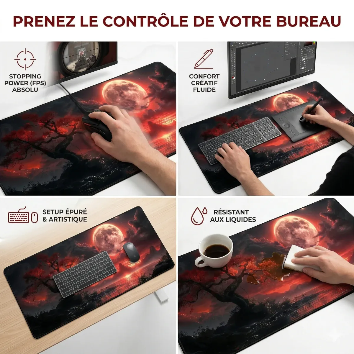Infographie montrant les usages du tapis de souris Crimson Lunar Zen : précision FPS, confort pour graphiste, setup minimaliste et surface résistante aux liquides.