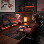 Mise en situation lifestyle d'une femme travaillant sur un setup professionnel avec le tapis de souris XXL Crimson Lunar Zen, écran large et ambiance lumineuse zen.