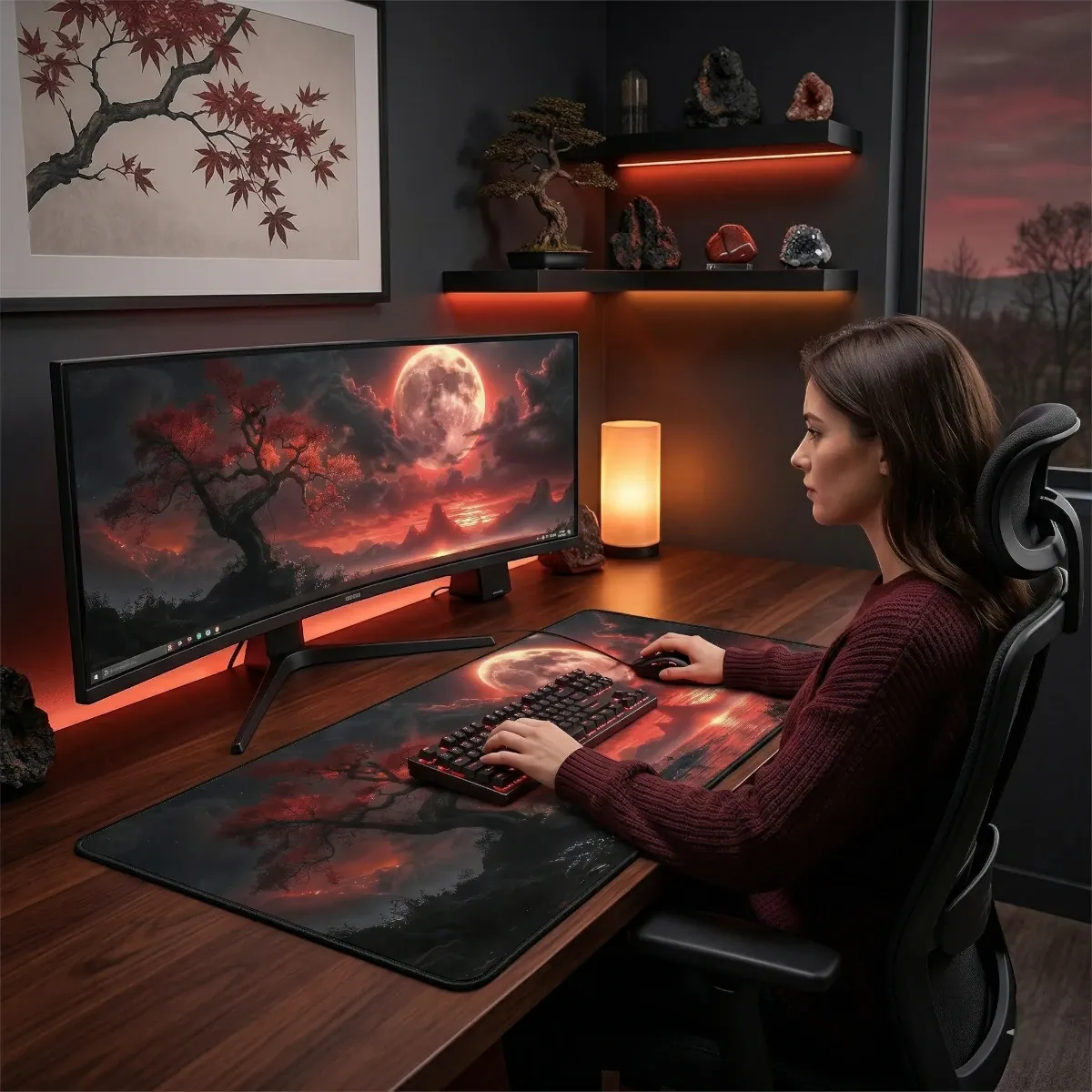 Mise en situation lifestyle d'une femme travaillant sur un setup professionnel avec le tapis de souris XXL Crimson Lunar Zen, écran large et ambiance lumineuse zen.