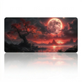 Vue de face du tapis de souris Crimson Lunar Zen XXL avec design artistique de lune de sang et paysage japonais, isolé sur fond blanc avec reflet.