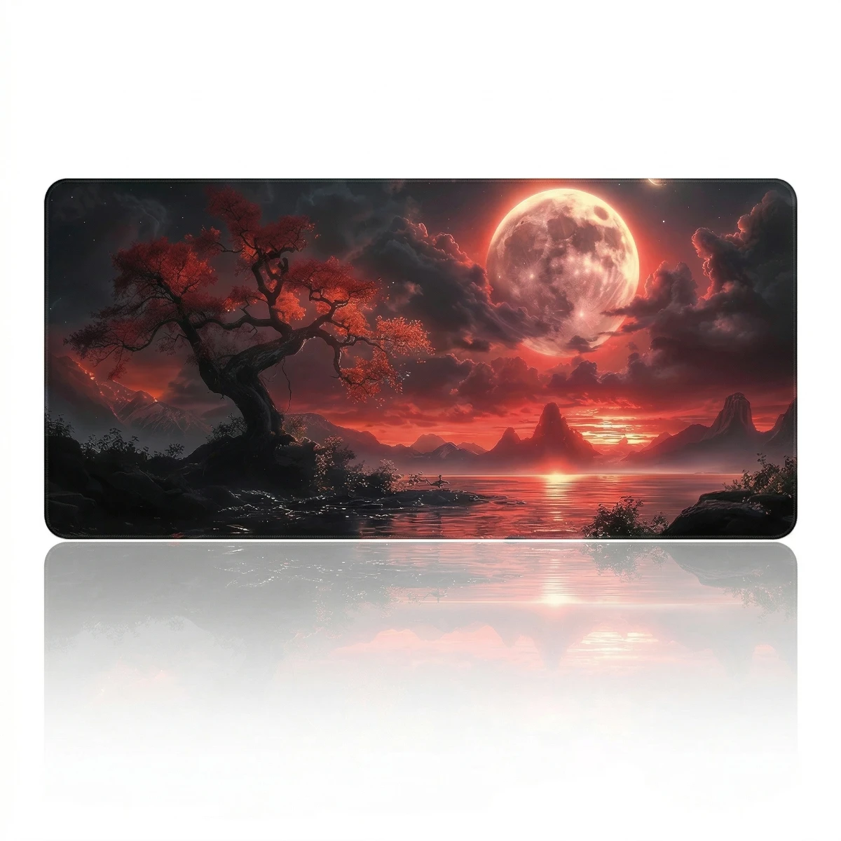Vue de face du tapis de souris Crimson Lunar Zen XXL avec design artistique de lune de sang et paysage japonais, isolé sur fond blanc avec reflet.