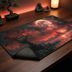 Gros plan 3/4 du tapis de souris XXL Crimson Lunar Zen sur un bureau en bois, mettant en avant le micro-tissage haute densité et la base antidérapante.