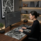 Femme travaillant à un bureau avec un grand moniteur incurvé et le tapis de souris Dragon Onyx XXL en tissu micro-texturé pour une glisse fluide.