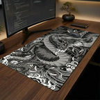 Gros plan détaillé sur la surface du tapis de souris Dragon Onyx en tissu micro-texturé, montrant le motif de dragon japonais noir et blanc sans le clavier.