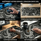 Infographie montrant les quatre avantages du tapis de souris Dragon Onyx : précision FPS, configuration minimaliste, confort durable et nettoyage facile du format XXL.