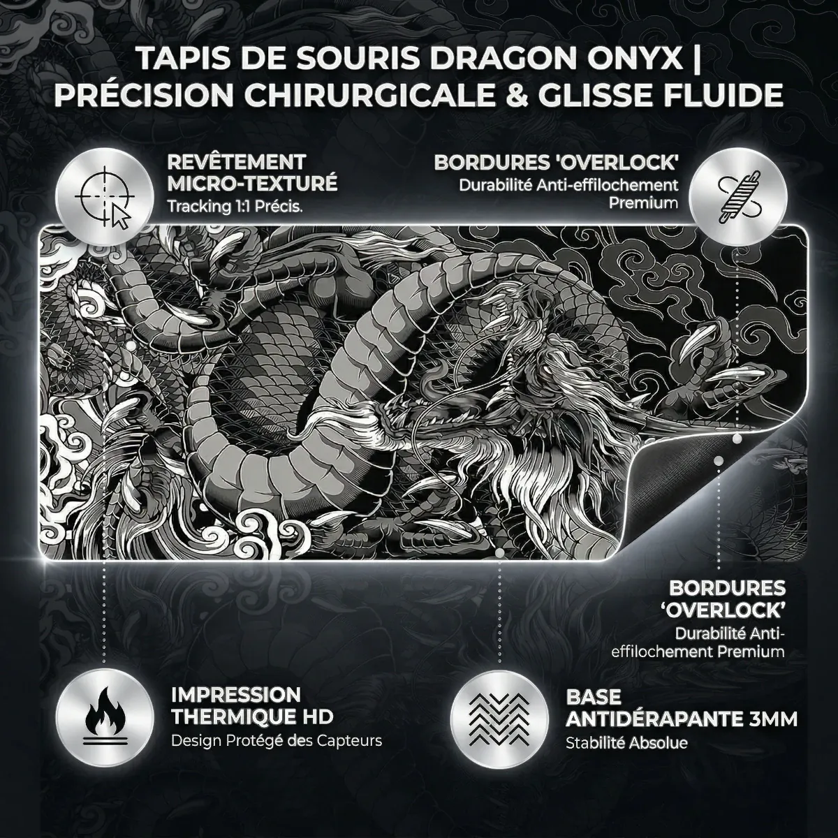 Infographie technique détaillée du tapis de souris Dragon Onyx montrant les cinq points forts : revêtement micro-texturé, bordures overlock, impression thermique HD et base antidérapante de 3mm.