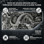 Infographie technique détaillée du tapis de souris Dragon Onyx montrant les cinq points forts : revêtement micro-texturé, bordures overlock, impression thermique HD et base antidérapante de 3mm.