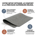 Infographie centrale présentant les bénéfices clés du sous-main Aura Felt XXL : soulagement articulaire, glisse fluide, adhérence maximale et régulation chaud/froid.