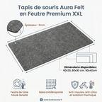 Guide des tailles officiel pour le tapis de souris Aura Felt en feutre premium XXL détaillant les dimensions disponibles et son épaisseur ergonomique de 2mm.