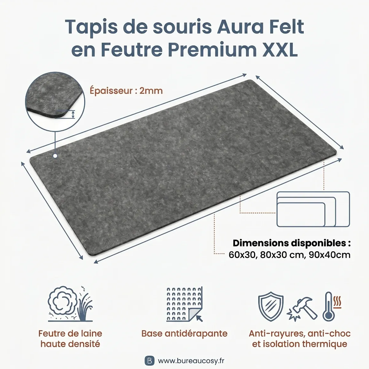 Guide des tailles officiel pour le tapis de souris Aura Felt en feutre premium XXL détaillant les dimensions disponibles et son épaisseur ergonomique de 2mm.