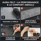 Détails des performances du tapis de souris Aura Felt en feutre premium XXL mettant en avant le tracking 1:1 précis, l'amorti de 2mm, la durabilité et le confort thermique.