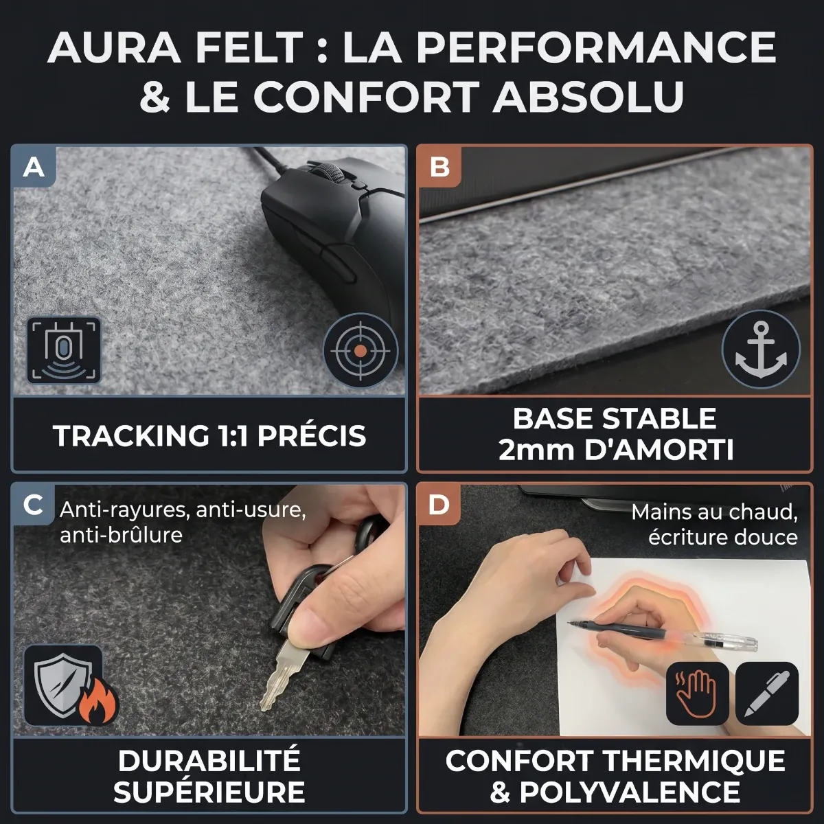 Détails des performances du tapis de souris Aura Felt en feutre premium XXL mettant en avant le tracking 1:1 précis, l'amorti de 2mm, la durabilité et le confort thermique.