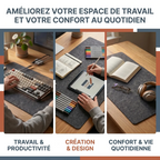 Infographie du tapis de souris Aura Felt en feutre premium XXL illustrant ses trois contextes d'utilisation : travail et productivité, création et design, confort au quotidien.