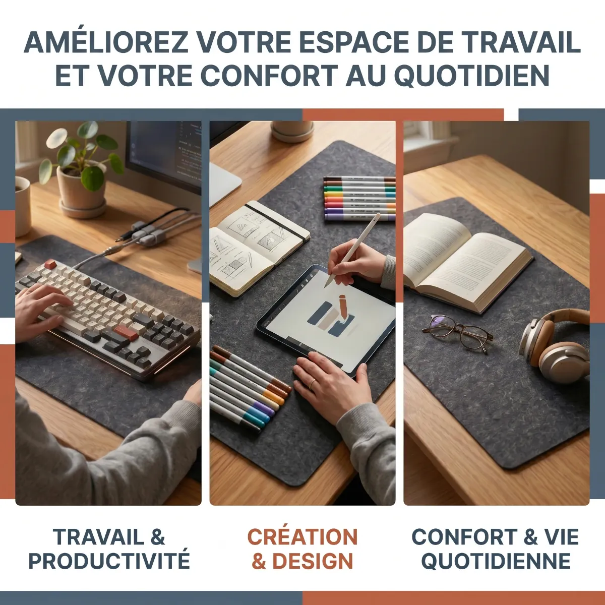 Infographie du tapis de souris Aura Felt en feutre premium XXL illustrant ses trois contextes d'utilisation : travail et productivité, création et design, confort au quotidien.