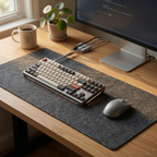 Tapis de souris Aura Felt en feutre premium XXL intégré dans un setup de bureau en bois minimaliste et chaleureux avec clavier mécanique et souris sans fil.