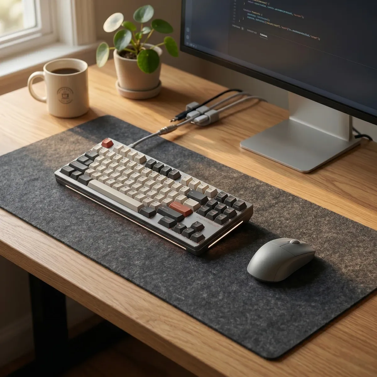 Tapis de souris Aura Felt en feutre premium XXL intégré dans un setup de bureau en bois minimaliste et chaleureux avec clavier mécanique et souris sans fil.