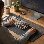 Utilisation en situation réelle du grand tapis de souris Aura Felt en feutre offrant un confort articulaire et une précision chirurgicale pour le travail informatique.