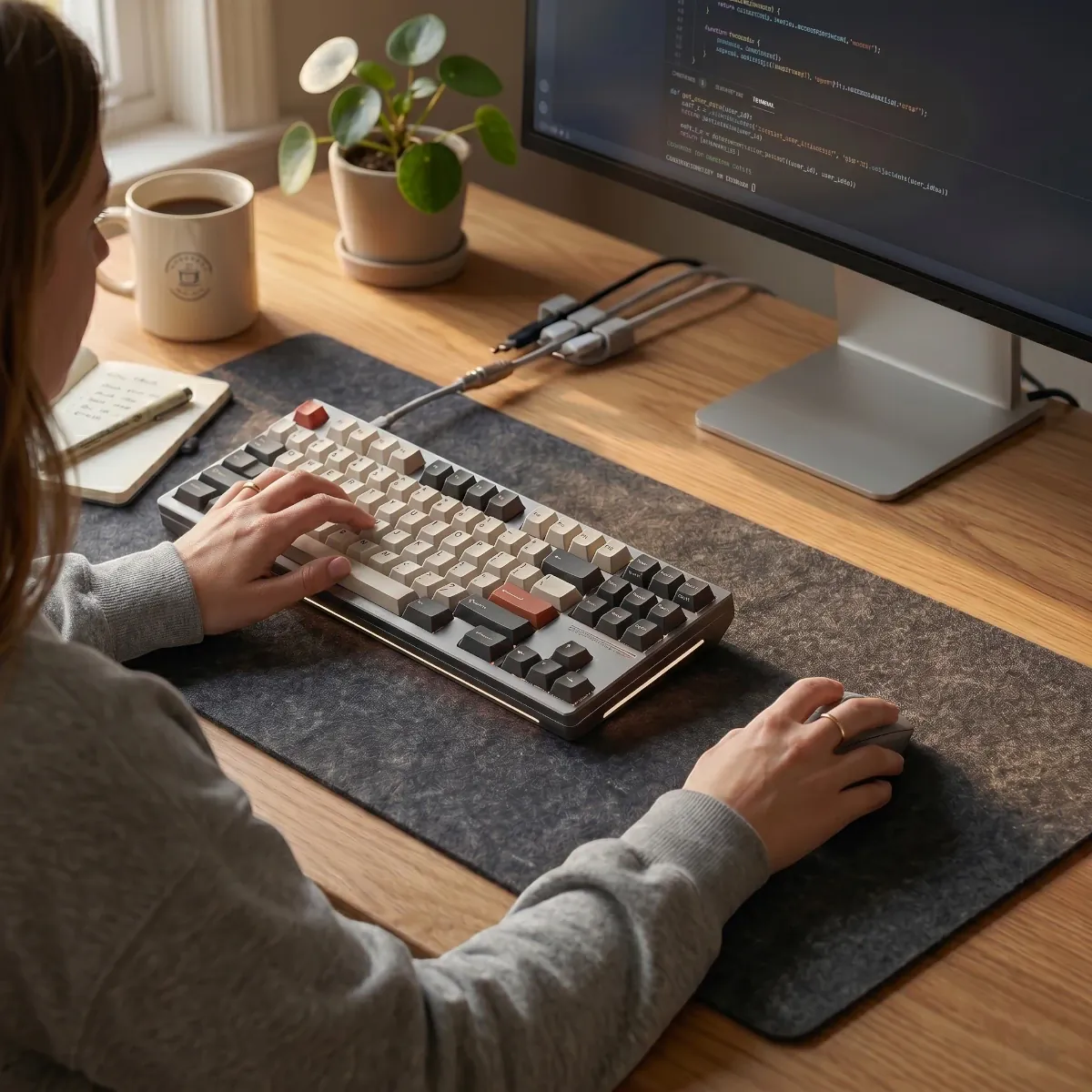 Utilisation en situation réelle du grand tapis de souris Aura Felt en feutre offrant un confort articulaire et une précision chirurgicale pour le travail informatique.