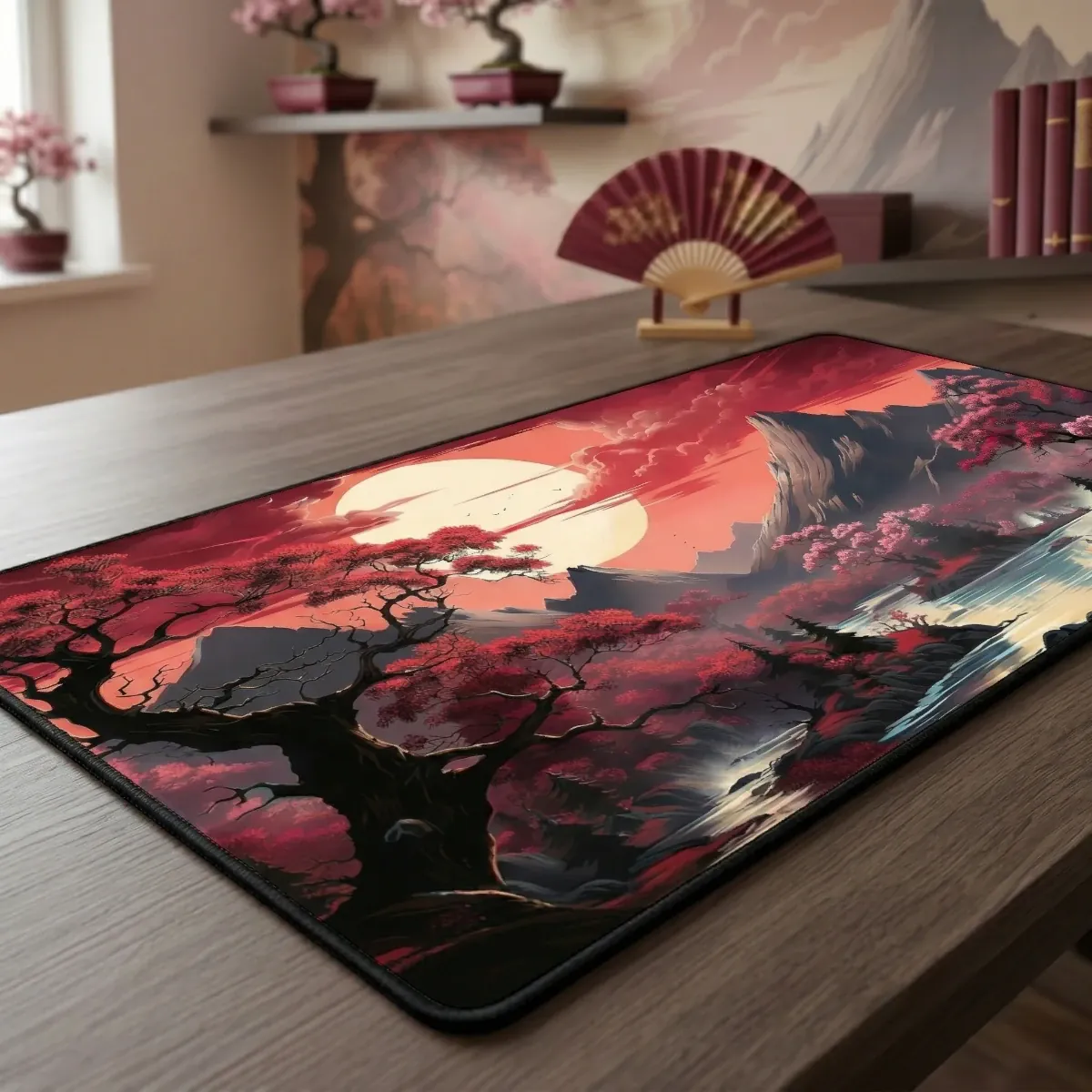 Vue rapprochée en angle 3/4 du tapis de souris Lunar Essence sur un bureau en bois, mettant en avant sa surface micro-texturée.