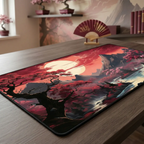 Vue rapprochée en angle 3/4 du tapis de souris Lunar Essence sur un bureau en bois, mettant en avant sa surface micro-texturée.