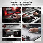 Une infographie composite à quatre panneaux illustrant les avantages du Tapis de souris Kurenai Ridge. Les panneaux montrent l'utilisation pour le jeu FPS avec "Stopping Power", l'édition de design avec "Tracés Parfaits", un setup complet pour "Harmonie Totale" et le nettoyage de déversement de liquide pour "Facile à Nettoyer".