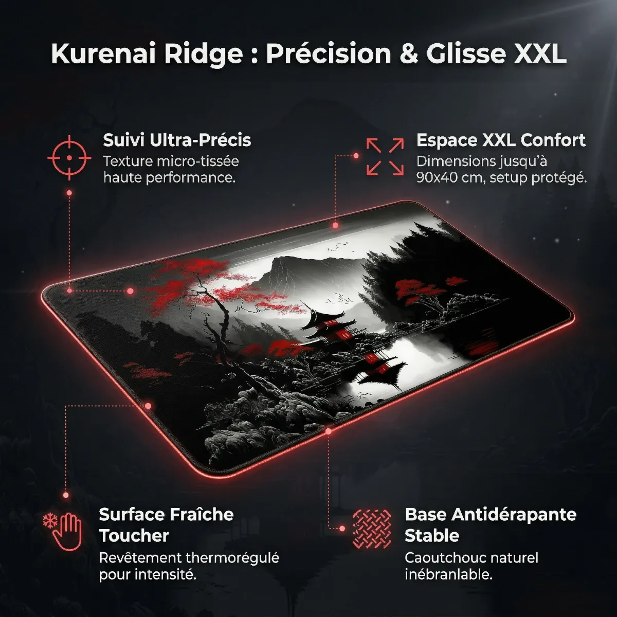 Une infographie technique avec des lignes de connexion et des points d'appel sur une vue inclinée du Tapis de souris Kurenai Ridge XXL. Elle répertorie les quatre caractéristiques principales : "Suivi Ultra-Précis", "Espace XXL Confort", "Surface Fraîche Toucher" et "Base Antidérapante Stable".