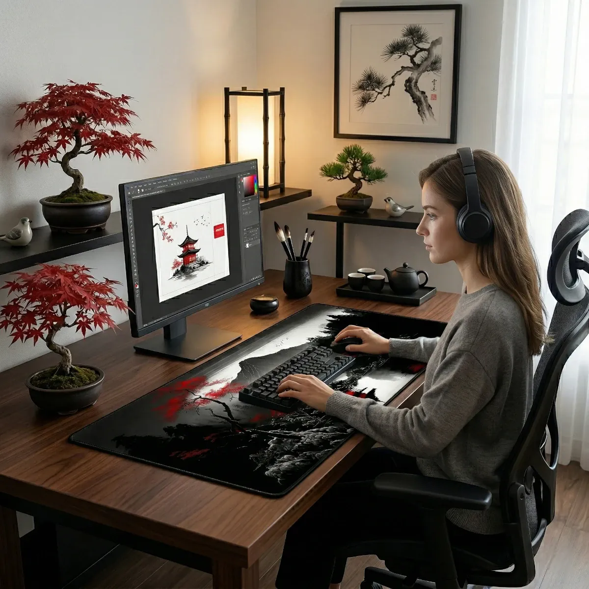 Une vue plus large d'une scène de bureau zen avec le Tapis de souris Kurenai Ridge XXL, montrant une femme avec un casque assise et activement en train d'utiliser le clavier et la souris. L'écran montre le design détaillé du tapis de souris. L'ambiance est calme et concentrée.