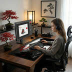 Une vue plus large d'une scène de bureau zen avec le Tapis de souris Kurenai Ridge XXL, montrant une femme avec un casque assise et activement en train d'utiliser le clavier et la souris. L'écran montre le design détaillé du tapis de souris. L'ambiance est calme et concentrée.