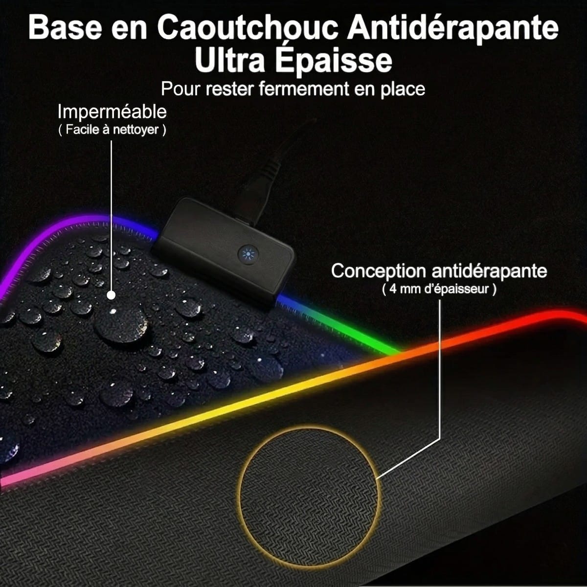 Zoom technique sur la base en caoutchouc antidérapante et la surface imperméable du tapis de souris Lumina Glide Pro.