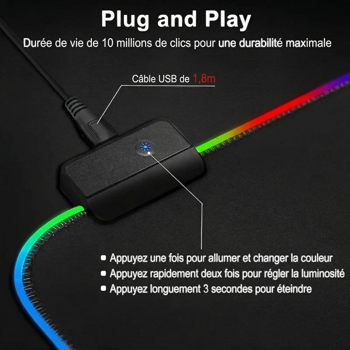 Détail du boîtier de contrôle Plug and Play et du câble USB de 1,8m du tapis de souris gaming Lumina Glide Pro.