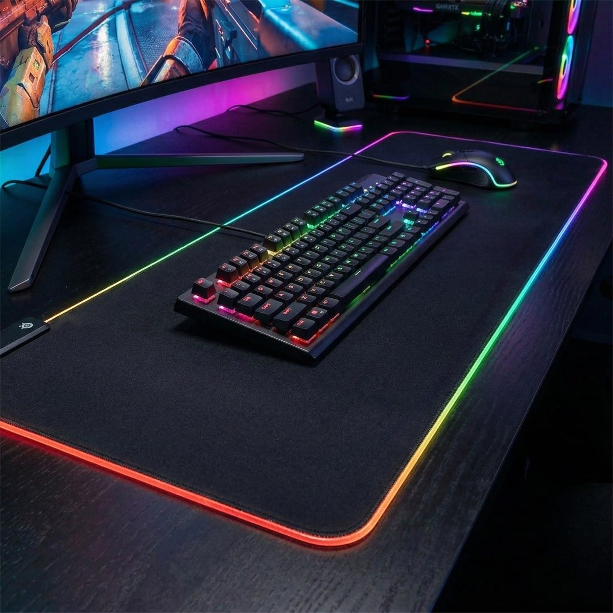 Mise en situation du tapis de souris XXL Lumina Glide Pro dans un setup gaming immersif avec clavier et souris.