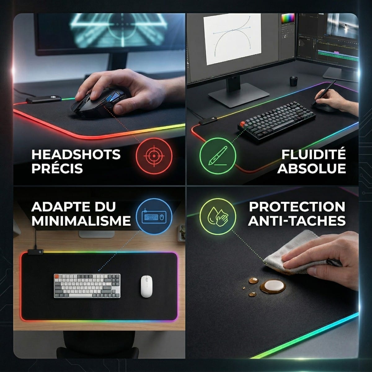 Scénarios d'utilisation du tapis de souris Lumina Glide Pro : gaming FPS, création graphique, minimalisme et protection bureau.