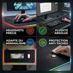 Scénarios d'utilisation du tapis de souris Lumina Glide Pro : gaming FPS, création graphique, minimalisme et protection bureau.