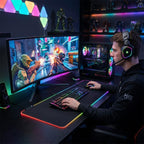 Un jeune joueur de jeu vidéo portant un casque RGB est assis à son bureau de jeu sombre, jouant à un FPS immersif sur un écran ultra-large. Le tapis de souris XXL Lumina Glide Pro, avec ses bordures RGB éclatantes et sa surface micro-texturée, s'étend sous son clavier mécanique et sa souris, complétant l'esthétique high-tech et de haute précision de son setup.